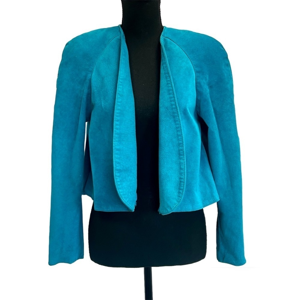 Danier leather blue suede vintage retro open front blazer jacket Sz XS